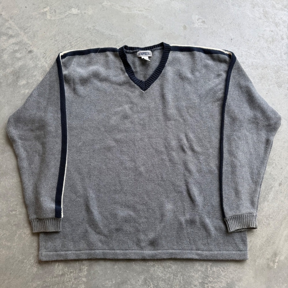 Vintage Aeropostale Mens XL V-Neck Sweater Gray Cotton Knit Striped Sleeve Retro